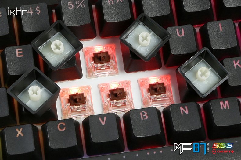 Cận cảnh switch Cherry MX RGB có vỏ trong suốt phát sáng màu đỏ dưới keycap đã tháo