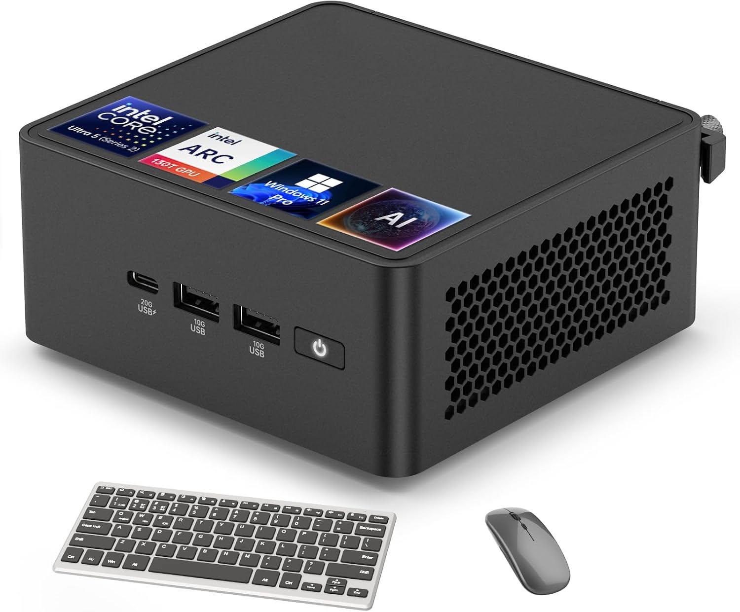 Mini PC ASUS NUC 15 Pro màu đen đặt cạnh bàn phím và chuột không dây